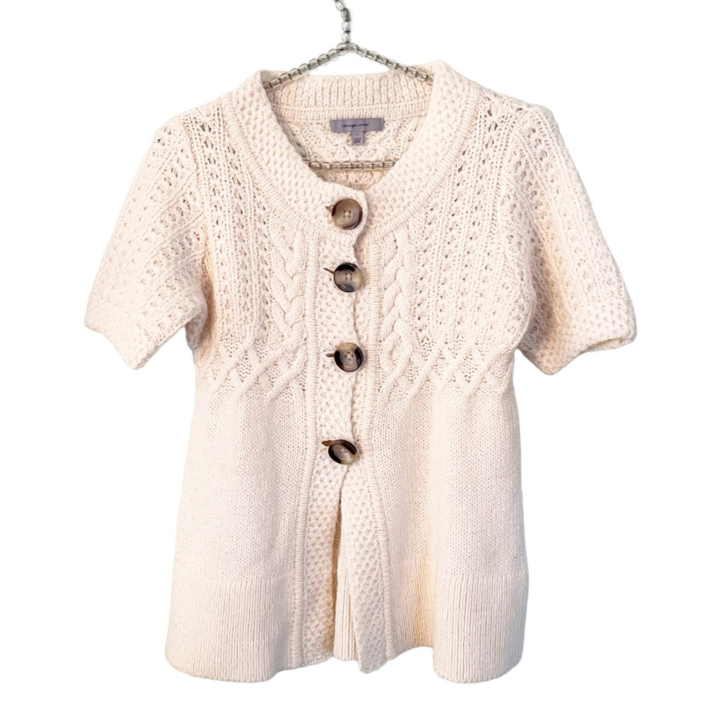 Classiques Enrier Size Small Cream Mohair Wool Cable Knit Short Sleeve Button‎